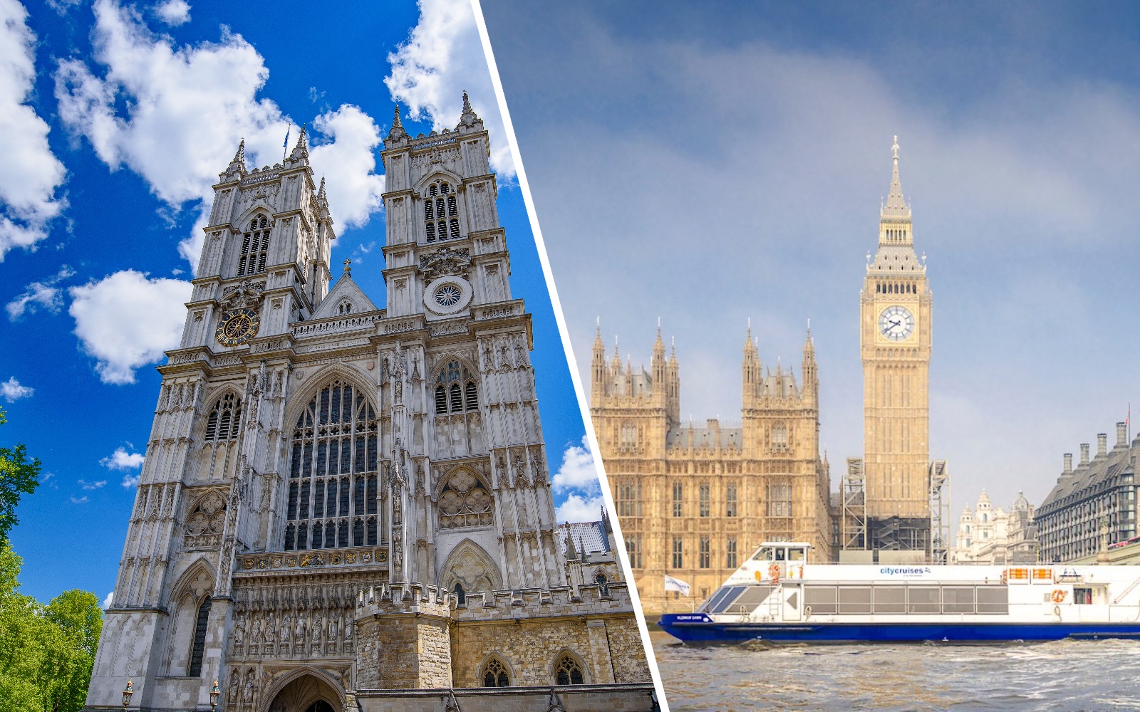 Cruise boat on the Thames by Westminster and Houses of Parliament, London.