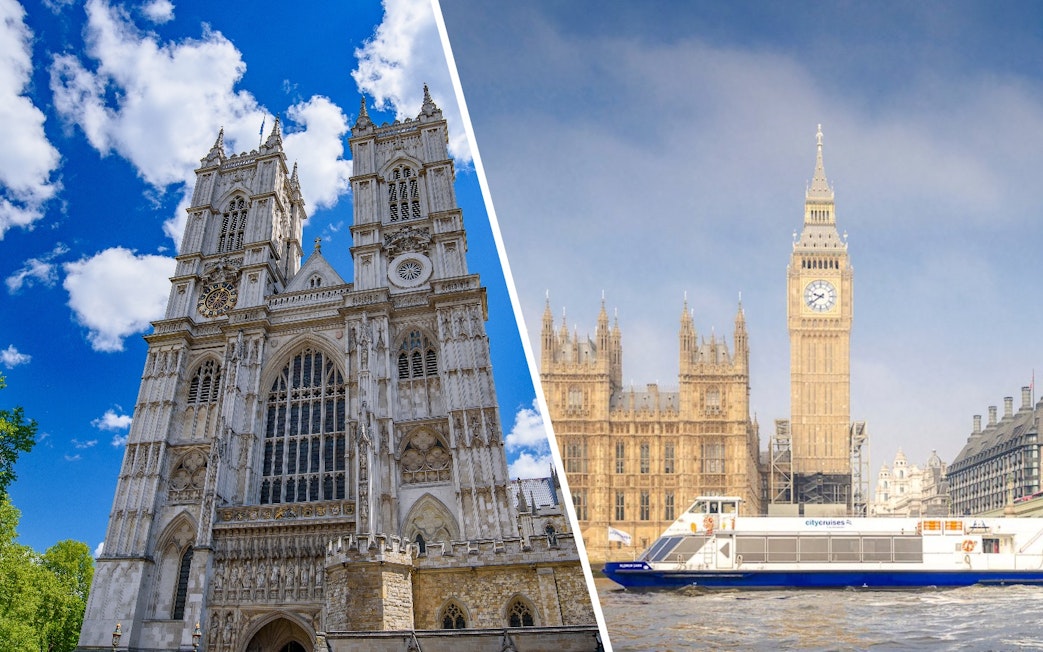 Cruise boat on the Thames by Westminster and Houses of Parliament, London.