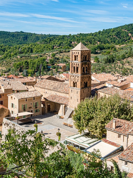 Gorges du Verdon village view with historic church tower and surrounding landscape.