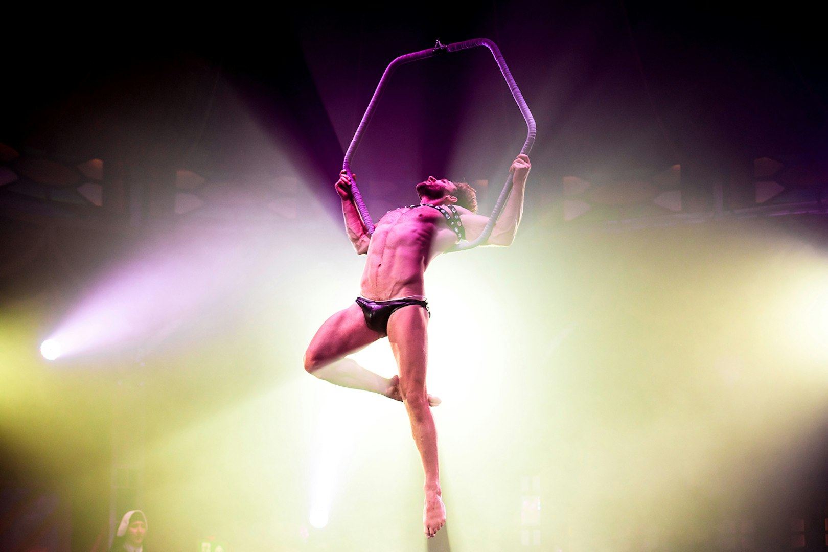 Performer in aerial act at Atomic Saloon Show, Las Vegas.