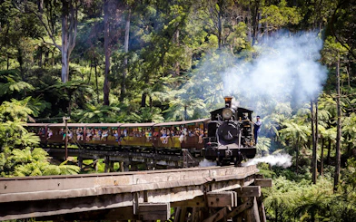 Puffing Billy steam train crossing a trestle bridge in lush forest, Melbourne.