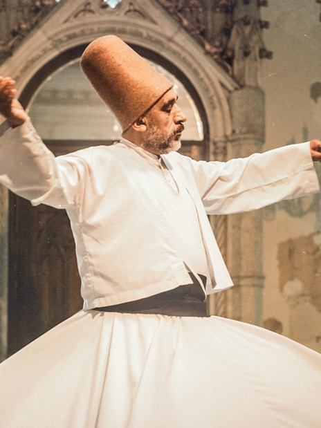 Whirling Dervish performing in Istanbul during Mevlevi Sema ceremony.