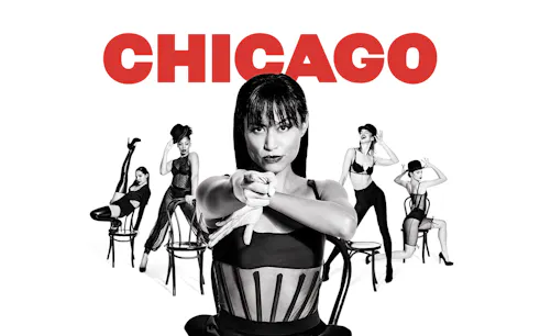 Performers in black costumes with chairs, promoting the musical "Chicago.