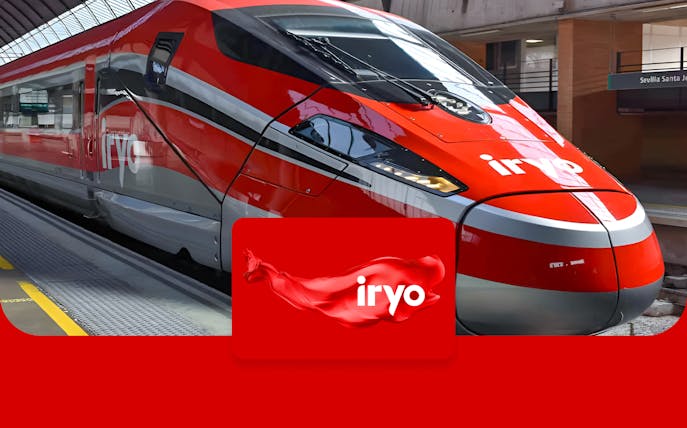 High-speed Iryo train at station for Barcelona Sants to Madrid Atocha route.
