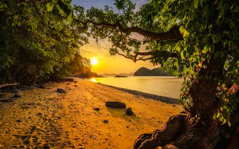 Sunset view on a sandy beach with trees and distant islands, Krabi 7 Islands Tour.