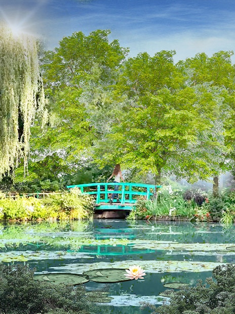 Visitor photographing lush greenery and pond at Gardens by the Bay, Singapore.