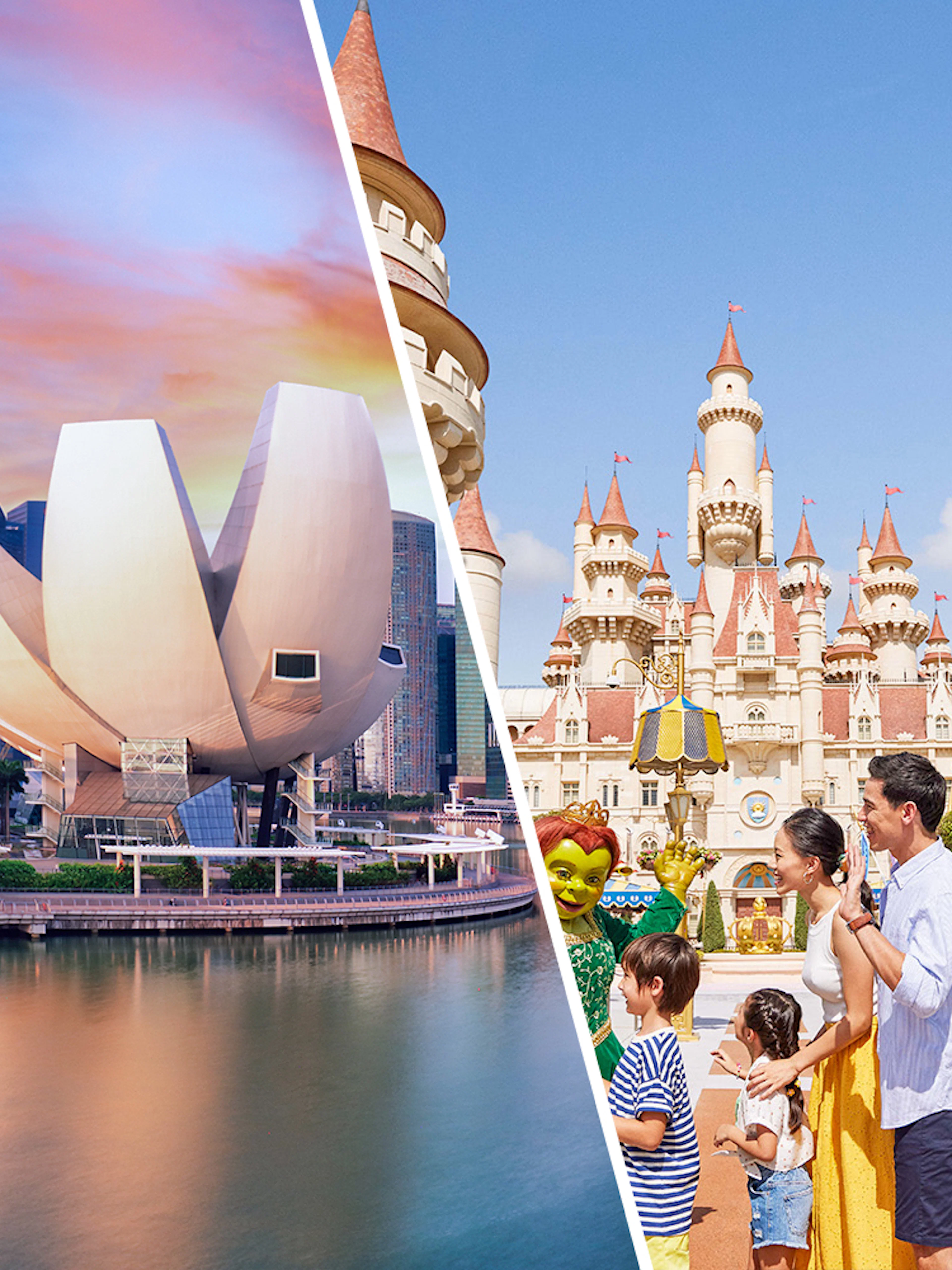 ArtScience Museum lotus-shaped building and family at Universal Studios Singapore castle.