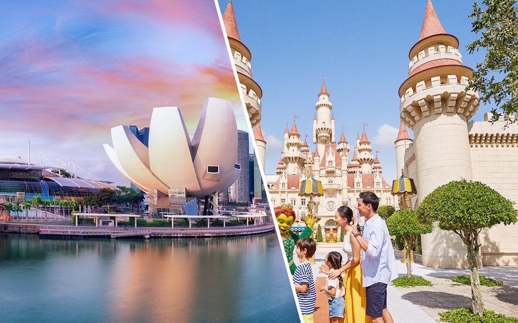 ArtScience Museum lotus-shaped building and family at Universal Studios Singapore castle.