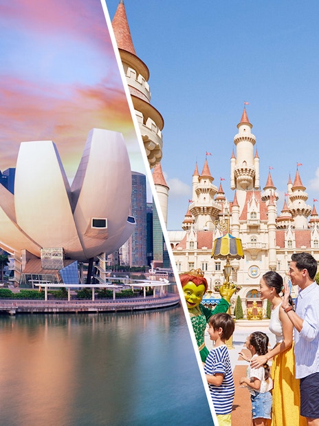 ArtScience Museum lotus-shaped building and family at Universal Studios Singapore castle.