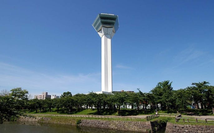 Goryokaku Tower in Hakodate, Japan, with surrounding greenery and clear sky.