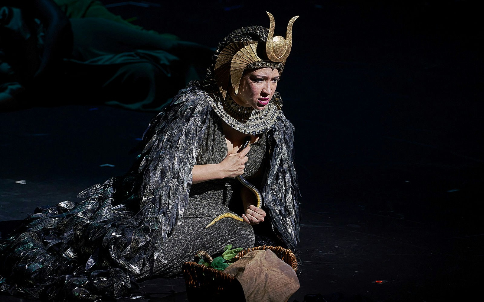 Performer in Cleopatra costume during Antony and Cleopatra stage production.