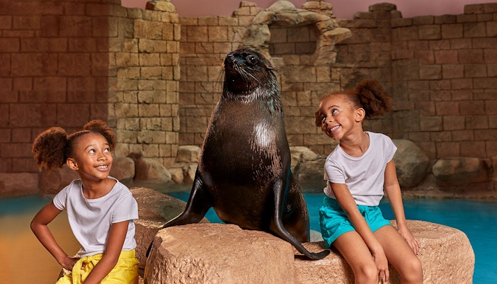Twin girls sitting with a sea lion at Aquaventure Waterpark.