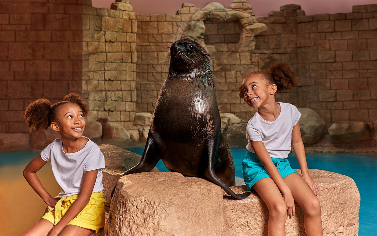 Twin girls sitting with a sea lion at Aquaventure Waterpark.