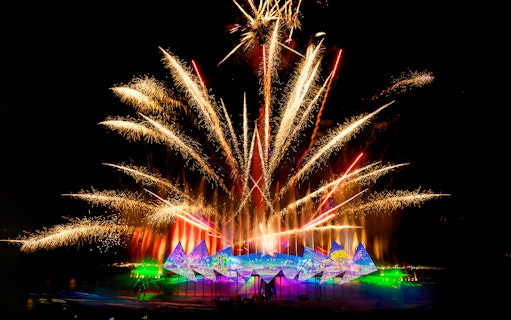 Spectacular fireworks display at Wings of Time show, Sentosa Island, Singapore.