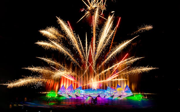Spectacular fireworks display at Wings of Time show, Sentosa Island, Singapore.
