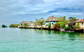 Coastal village view on Wasini Island with traditional thatched-roof houses by the water.