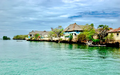 Coastal village view on Wasini Island with traditional thatched-roof houses by the water.