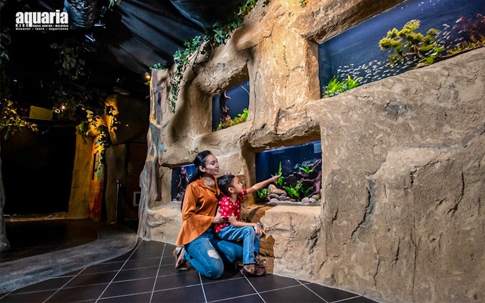 Visitors exploring aquarium exhibits at Aquaria KLCC, Kuala Lumpur.