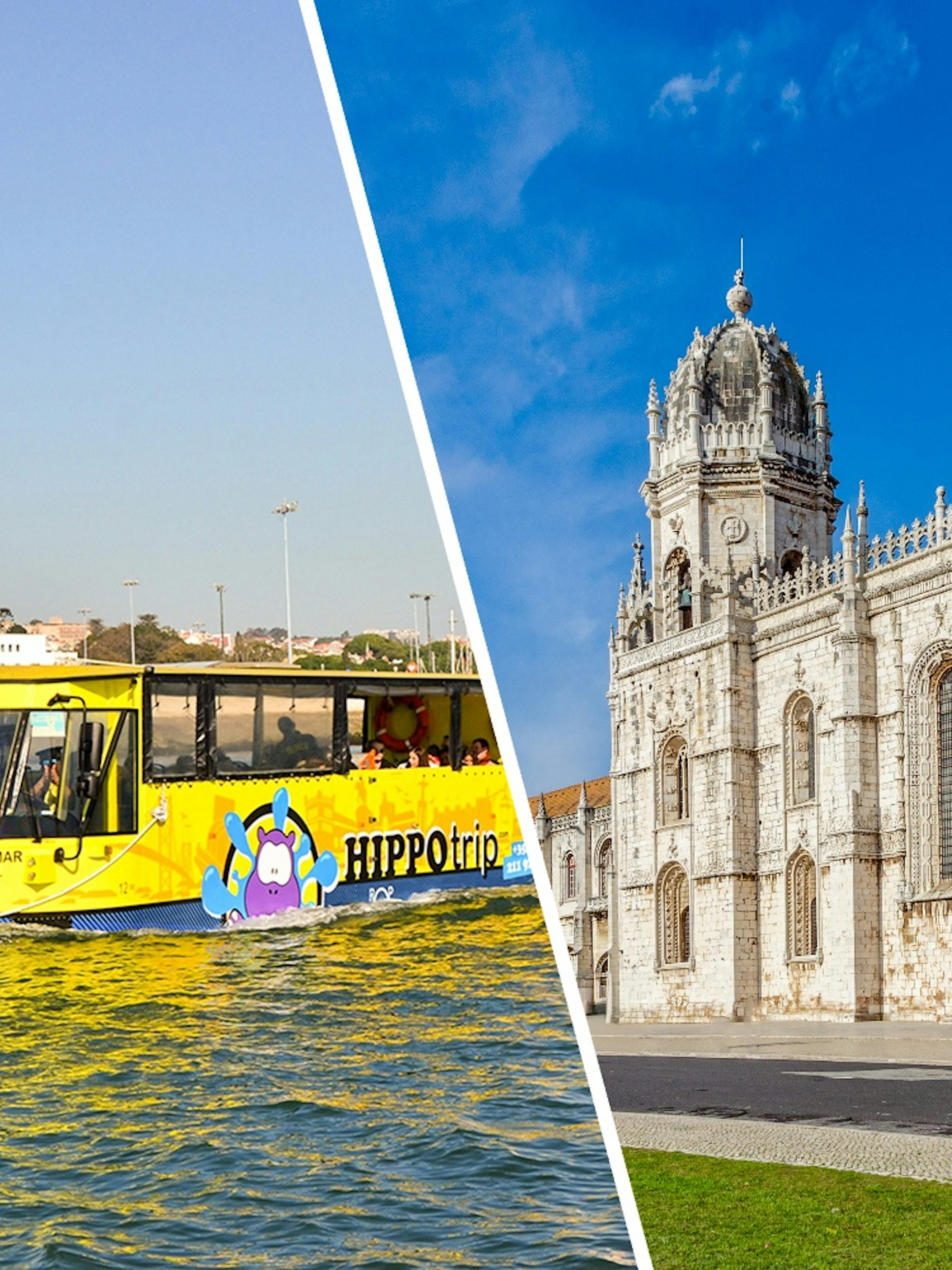 Hippo trip bus-boat on Lisbon's Tagus River near the Discoveries Monument.