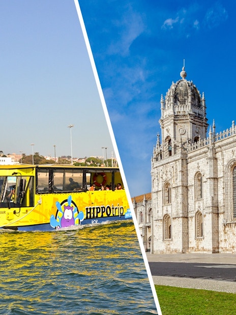 Hippo trip bus-boat on Lisbon's Tagus River near the Discoveries Monument.