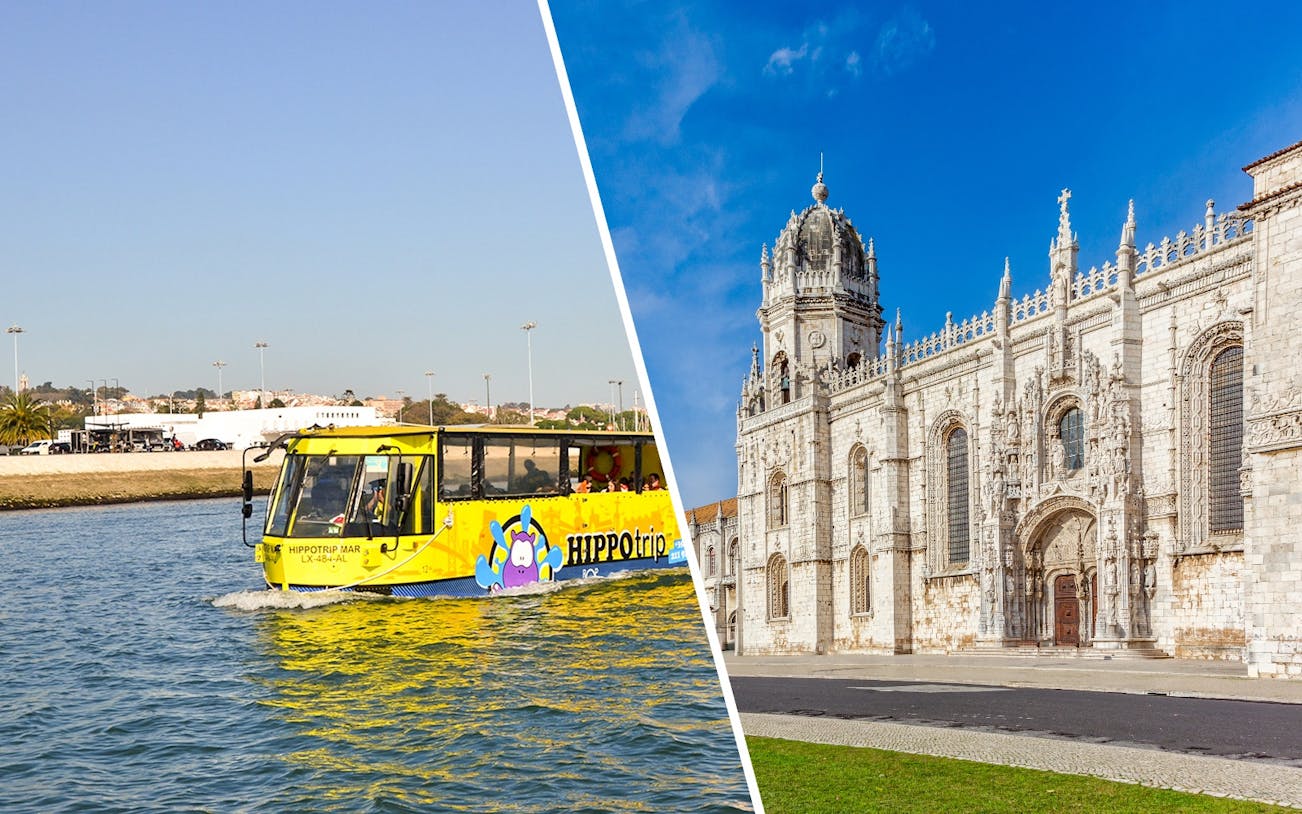 Hippo trip bus-boat on Lisbon's Tagus River near the Discoveries Monument.