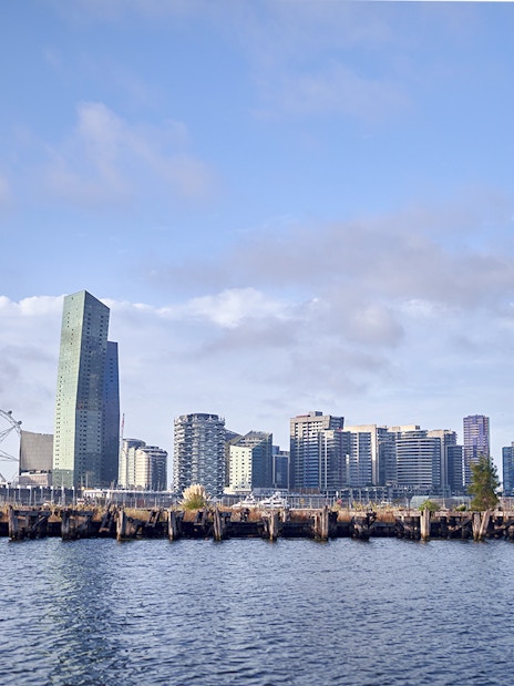 Melbourne skyline with Ferris wheel and waterfront view from Williamstown Ferry Cruise.