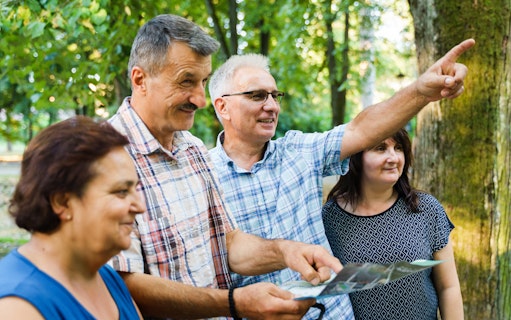 Tour guide pointing out landmarks to tourists in a forest setting.