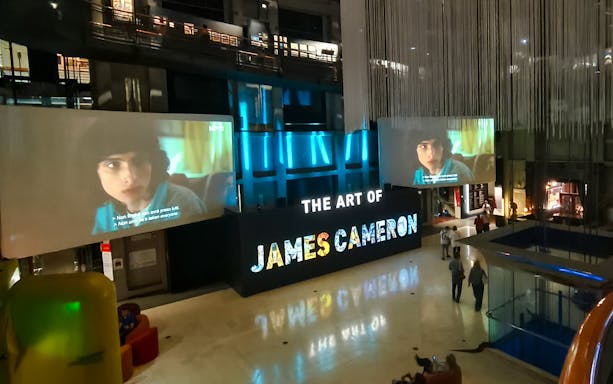 Interior of the National Museum of Cinema, Turin, featuring "The Art of James Cameron" exhibit.