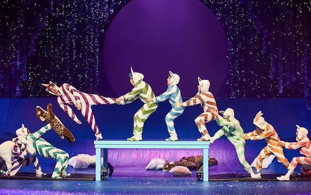 Performers in colorful costumes during Cirque du Soleil's 'Twas The Night Before stage show.