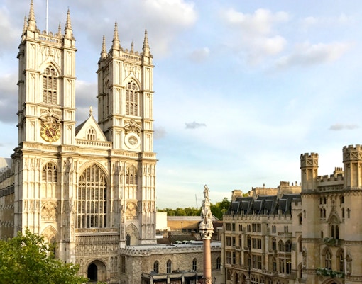 Westminster Abbey and surrounding buildings in London during exclusive tour.