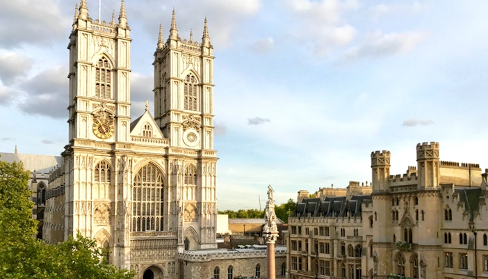 Westminster Abbey and surrounding buildings in London during exclusive tour.