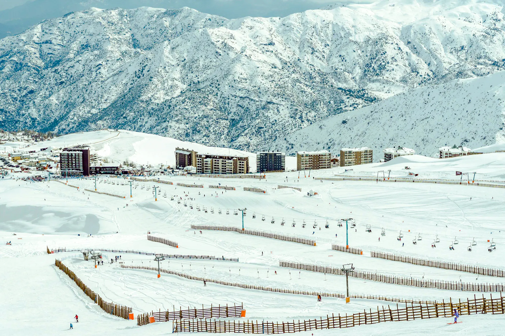 El Colorado Ski Resort with chairlifts and snowy Andes mountains, Santiago.