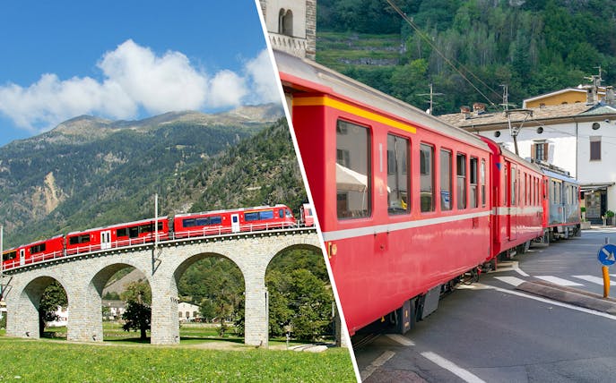 Bernina train crossing viaduct and street in Tirano, Italy.