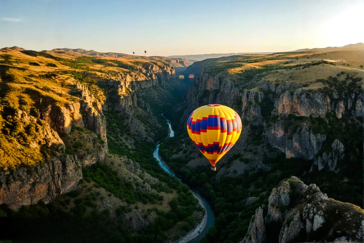 Hot air balloon over Ihlara Canyon at sunrise, Cappadocia.