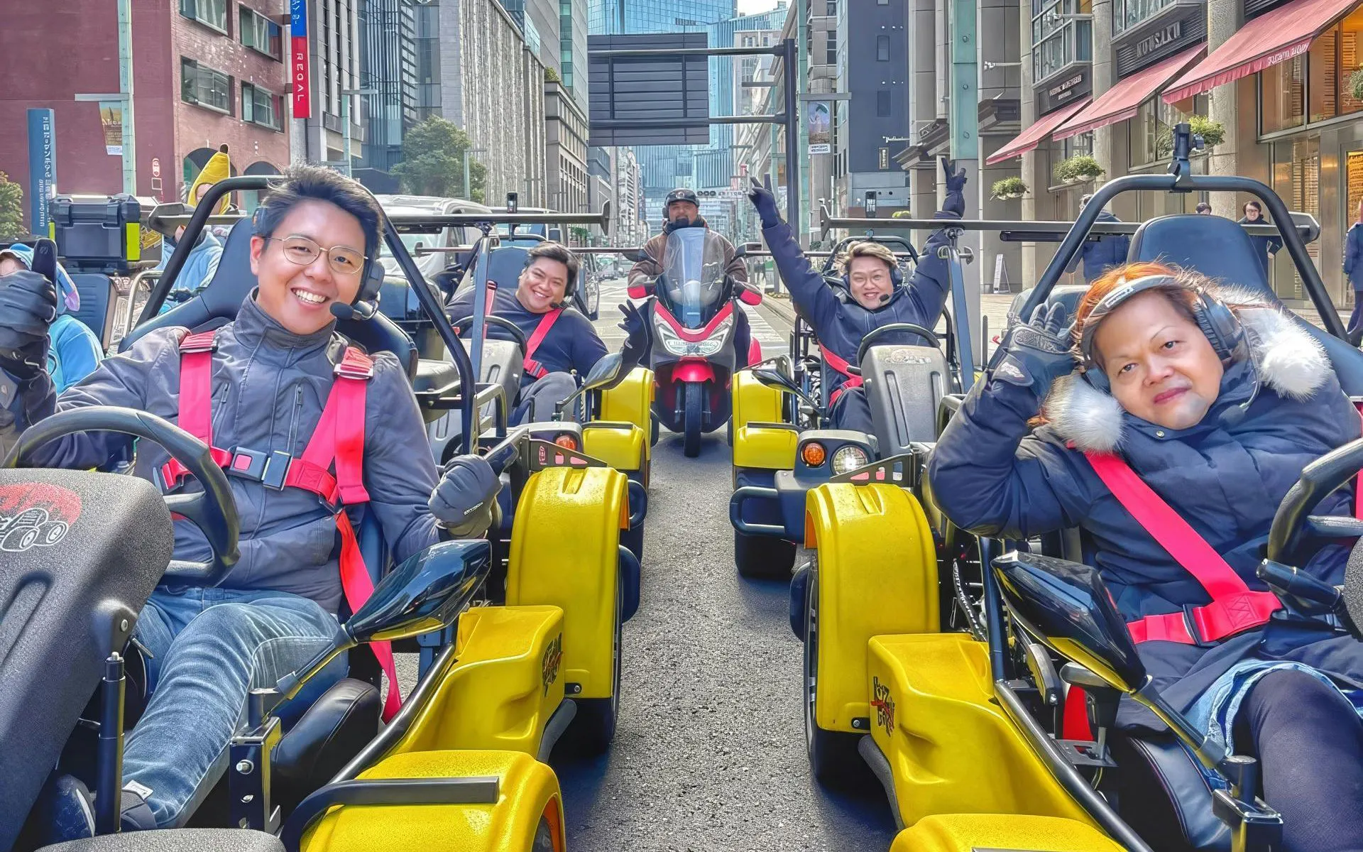 Tourists in go-karts on Tokyo street during landmarks tour.