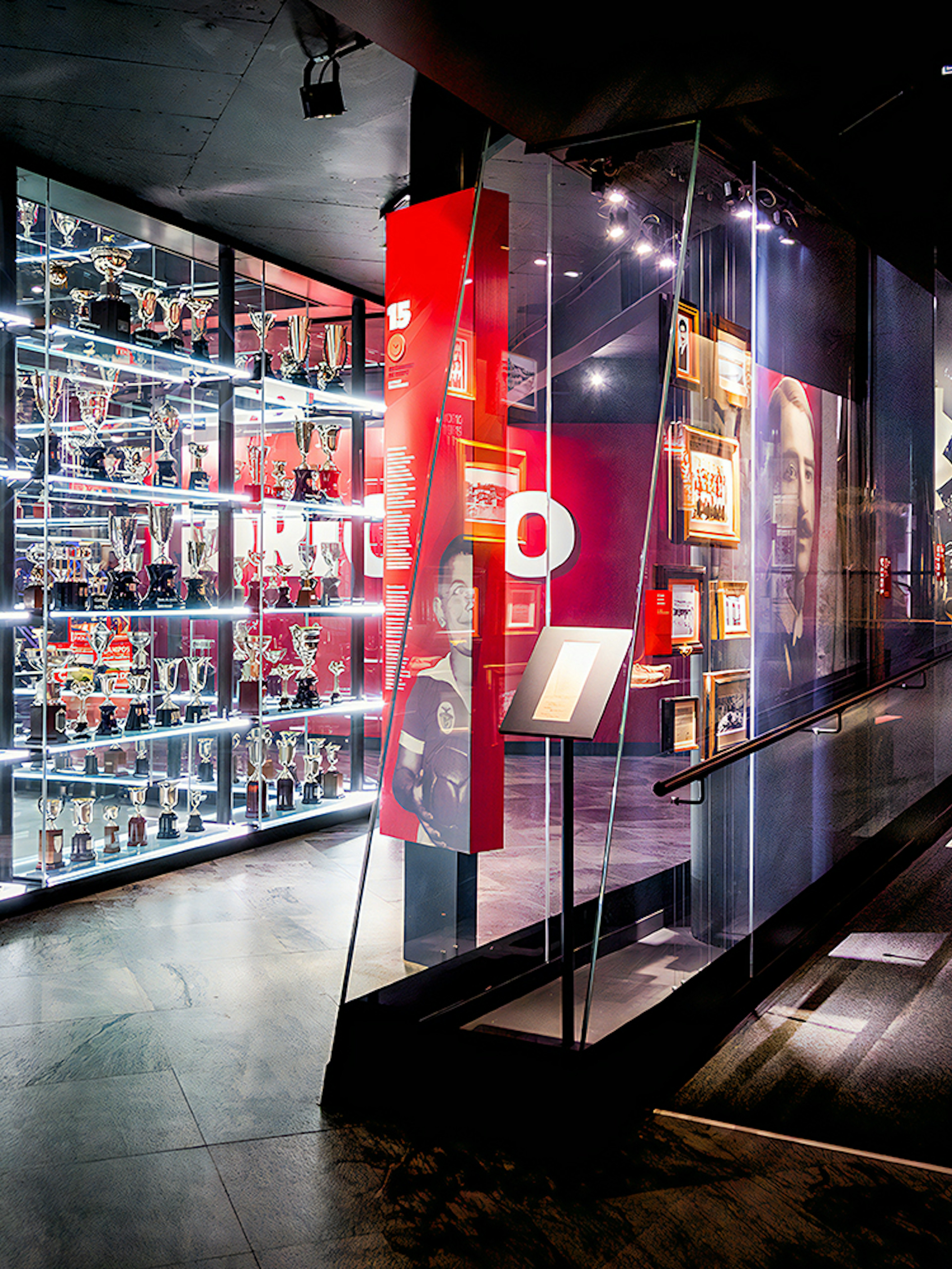 Trophy collection display at Benfica Stadium museum, Lisbon.