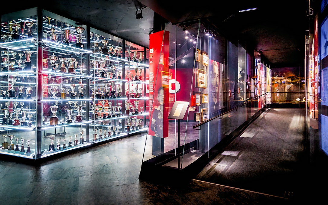 Trophy collection display at Benfica Stadium museum, Lisbon.