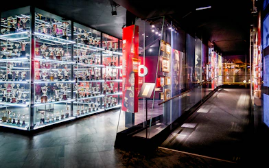 Trophy collection display at Benfica Stadium museum, Lisbon.
