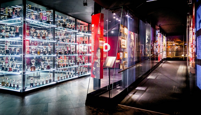 Trophy collection display at Benfica Stadium museum, Lisbon.