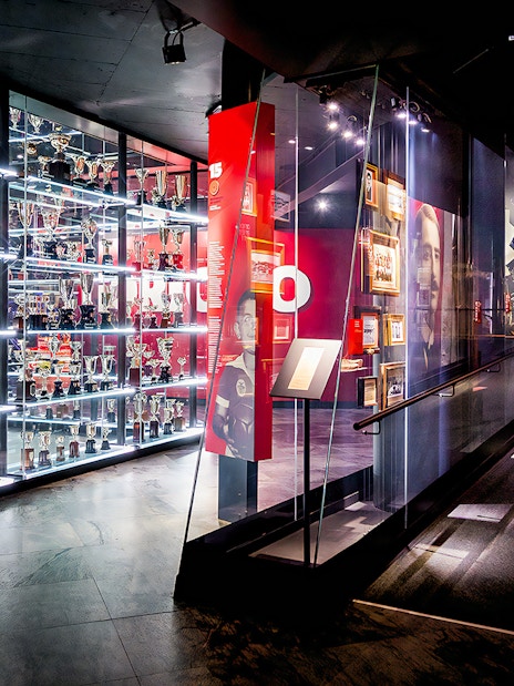 Trophy collection display at Benfica Stadium museum, Lisbon.