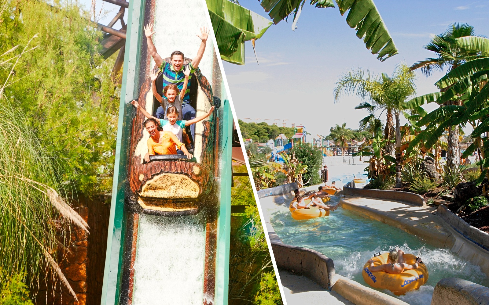 Visitors enjoying the Silver River Flume ride at PortAventura, surrounded by lush greenery.