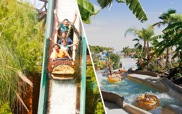 Visitors enjoying the Silver River Flume ride at PortAventura, surrounded by lush greenery.