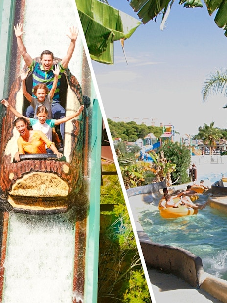 Visitors enjoying the Silver River Flume ride at PortAventura, surrounded by lush greenery.