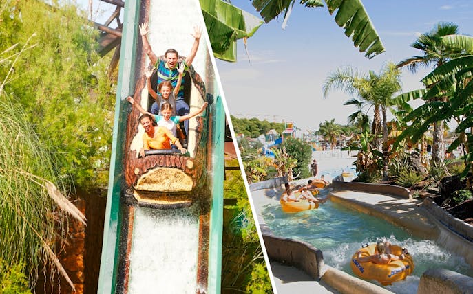 Visitors enjoying the Silver River Flume ride at PortAventura, surrounded by lush greenery.