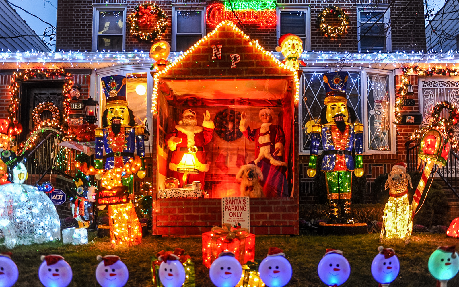 Christmas lights display with Santa, nutcracker, and festive decorations in New York.