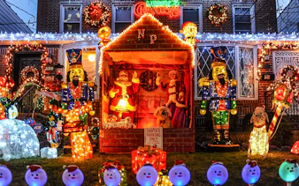 Christmas lights display with Santa, nutcracker, and festive decorations in New York.