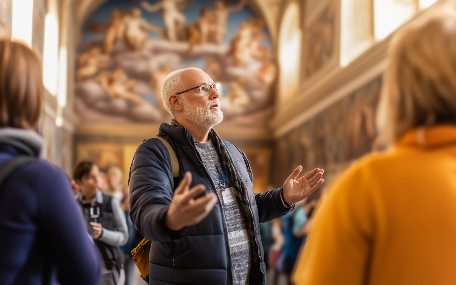 Guide explaining Raphael Room frescoes to visitors in Vatican City tour.