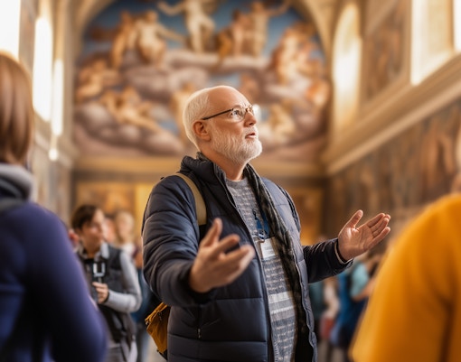 Guide explaining Raphael Room frescoes to visitors in Vatican City tour.