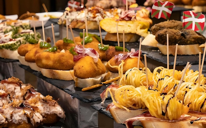 Pintxos selection on display during the Gaztelugatxe, Bilbao, and Guggenheim Museum tour from San Sebastian.
