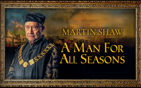 Period-dressed man with a chain necklace, text "A Man For All Seasons" in ornate frame.